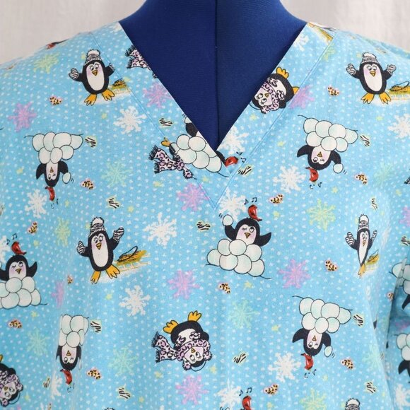Allheart Scrub Top Women's M Blue Winter Penguin Snow Print VTG Medical Pockets - Picture 3 of 9